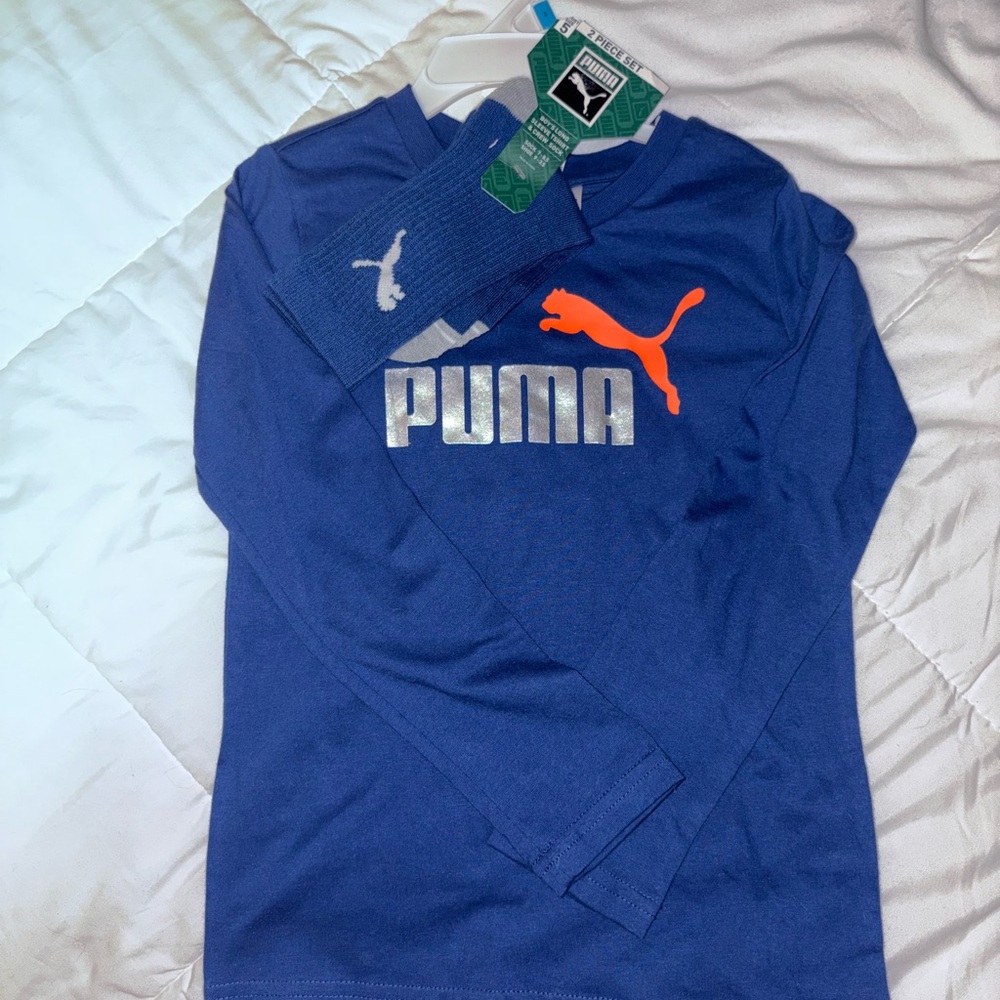 Puma Blue Long Sleeve Shirt with Silver and Orange Logo with Matching Socks NWT